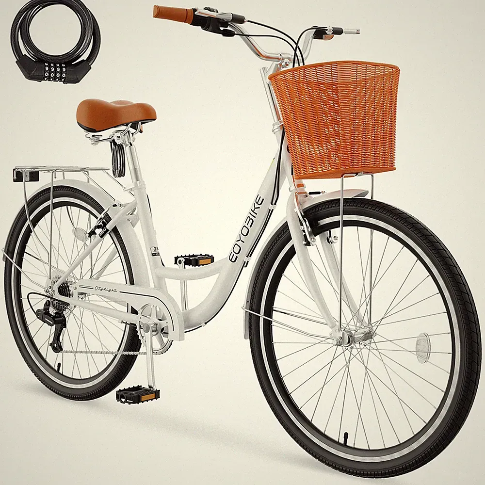 NAIZEA White Bike 26 inch 7 Speed Bike for Adults Beach Cruiser Bike With Lock
