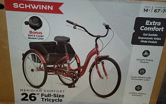 Schwinn Meridian Comfort 26" Red Adult Tricycle V-Brake Basket Bell Fenders