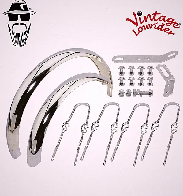 VINTAGE LOWRIDER 20" CLASSIC ADJUSTABLE CHROME FENDERS W/ CAGE TWISTED BRACES.